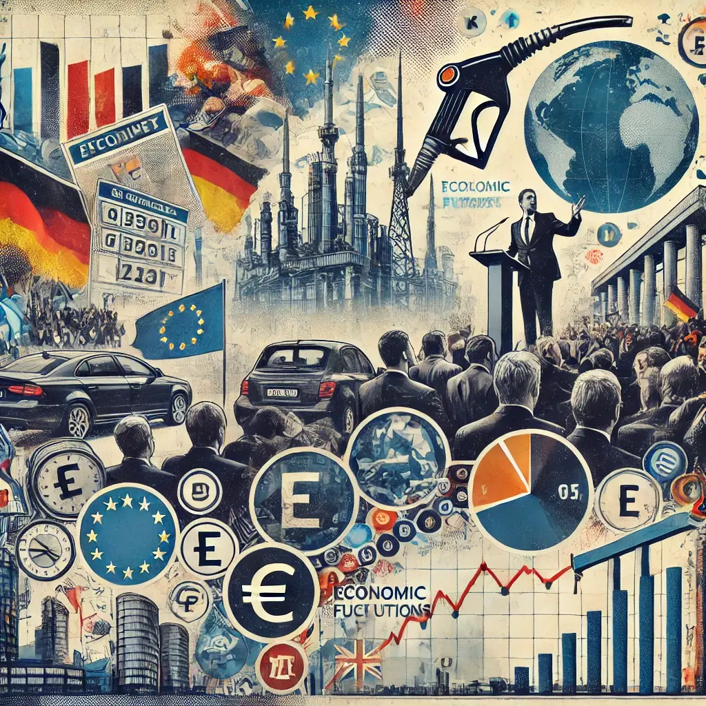 Collage depicting Europe's political and economic challenges with protests, charts, political speeches, and economic symbols.