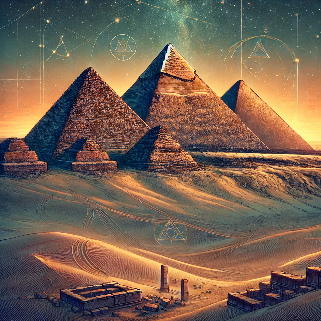 A detailed and atmospheric illustration of the Giza Pyramids at dusk. The three pyramids stand tall against a twilight sky