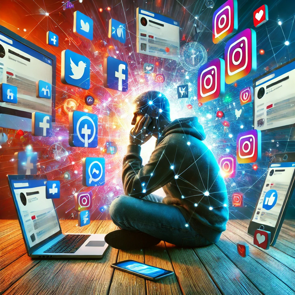 A person overwhelmed by multiple digital screens displaying social media content, symbolizing the mental health challenges of screen addiction and anxiety in the digital age.