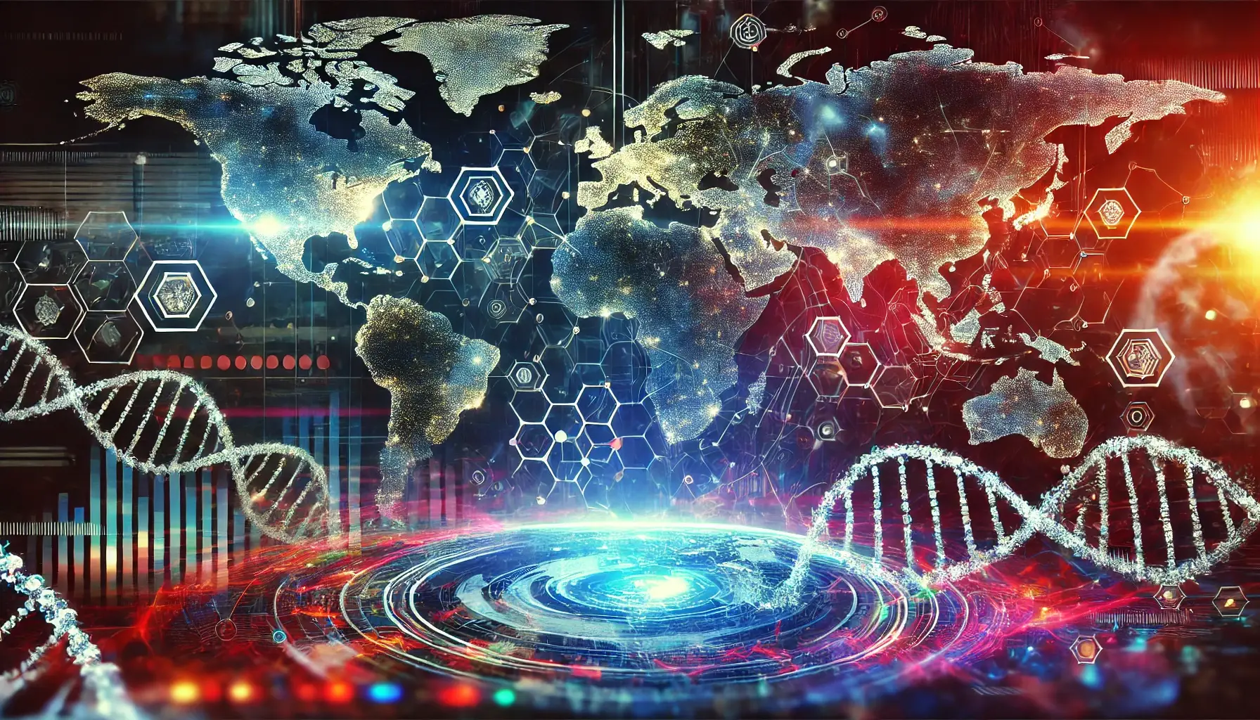 A futuristic digital world map with interconnected nodes, holographic DNA strand, and dark vibrant colors representing global connectivity, biotechnology, and future technological advancements.