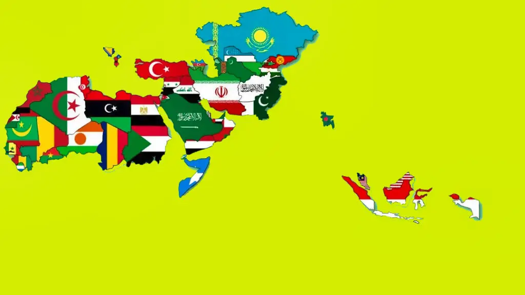 World map displaying flags of Muslim-majority countries, illustrating the global distribution of Islamic nations from North Africa, through the Middle East, to South and Southeast Asia.